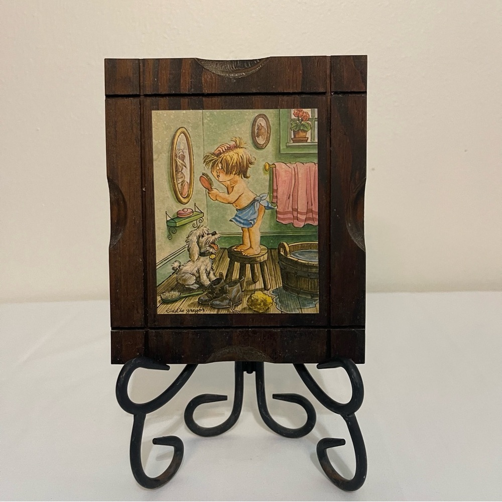 Vintage Liddle Gregor Wooden Bathroom Art with Child and Dog